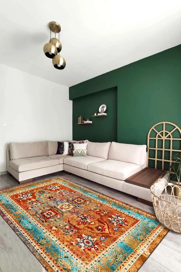 Golin Desenli Pamuk Tabanlı Yıkanabilen Kaymaz Antibakteriyel Şönil Salon Halısı