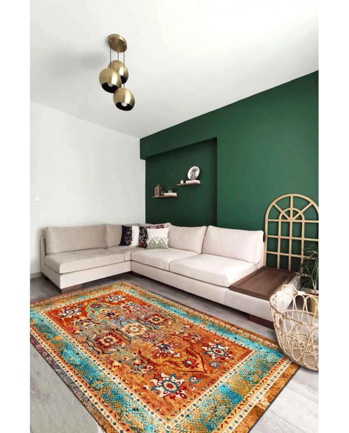 Golin Desenli Pamuk Tabanlı Yıkanabilen Kaymaz Antibakteriyel Şönil Salon Halısı