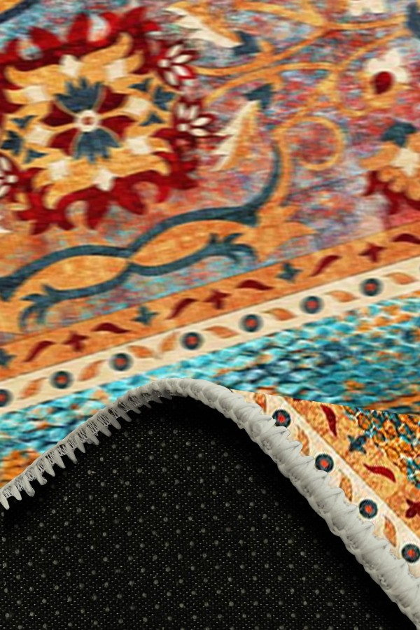 Golin Desenli Pamuk Tabanlı Yıkanabilen Kaymaz Antibakteriyel Şönil Salon Halısı