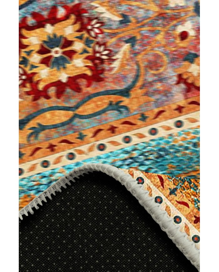 Golin Desenli Pamuk Tabanlı Yıkanabilen Kaymaz Antibakteriyel Şönil Salon Halısı