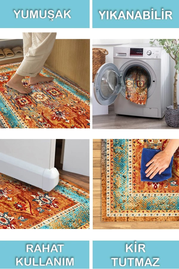 Golin Desenli Pamuk Tabanlı Yıkanabilen Kaymaz Antibakteriyel Şönil Salon Halısı