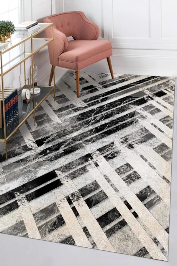 Hilda Desenli Pamuk Tabanlı Yıkanabilen Kaymaz Antibakteriyel Şönil Salon Halısı