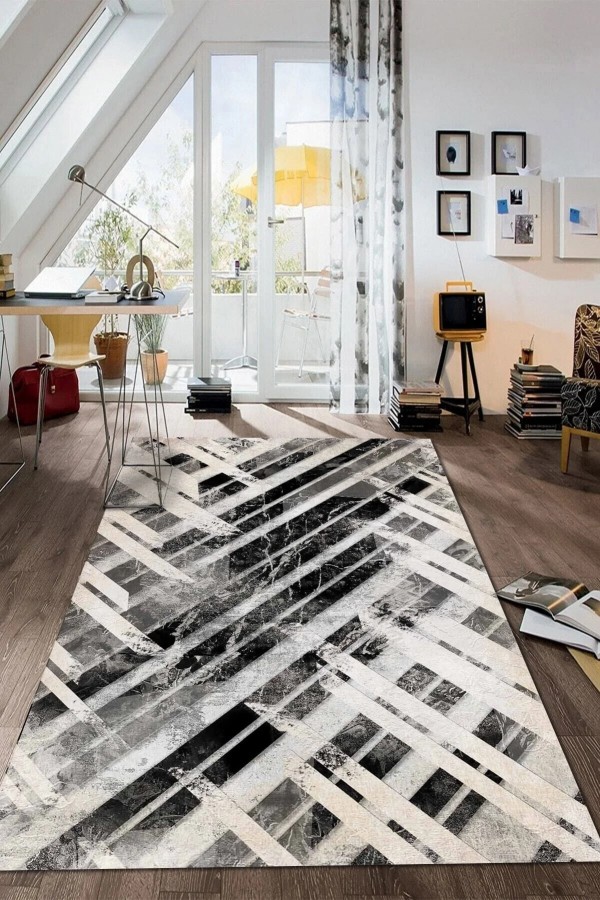 Hilda Desenli Pamuk Tabanlı Yıkanabilen Kaymaz Antibakteriyel Şönil Salon Halısı