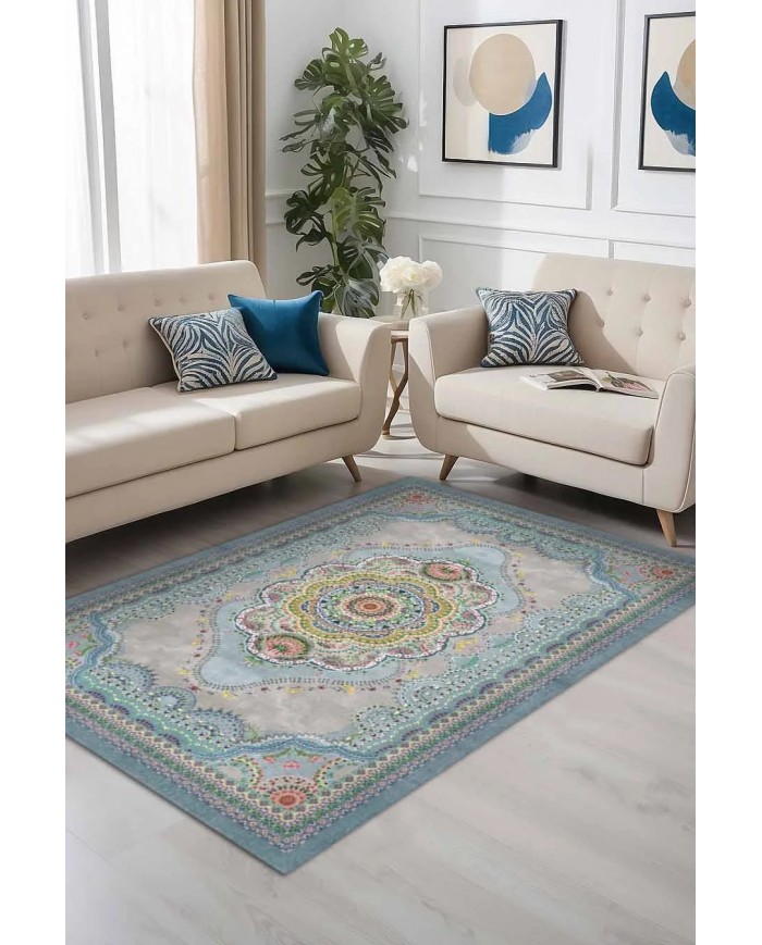 Jaif Desenli Pamuk Tabanlı Yıkanabilen Kaymaz Antibakteriyel Şönil Salon Halısı