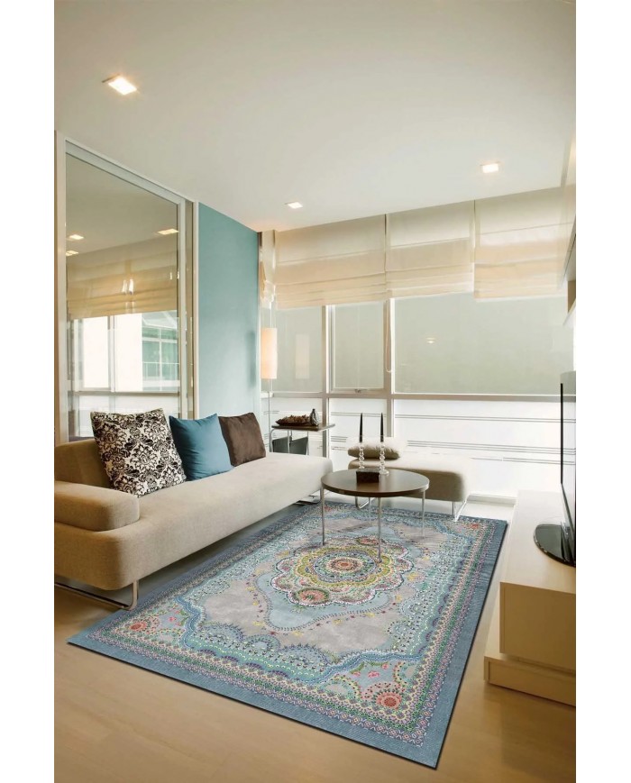 Jaif Desenli Pamuk Tabanlı Yıkanabilen Kaymaz Antibakteriyel Şönil Salon Halısı