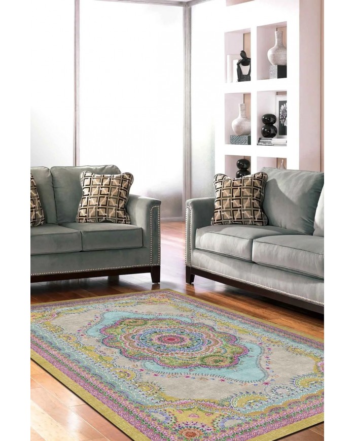 Jefes Desenli Pamuk Tabanlı Yıkanabilen Kaymaz Antibakteriyel Şönil Salon Halısı