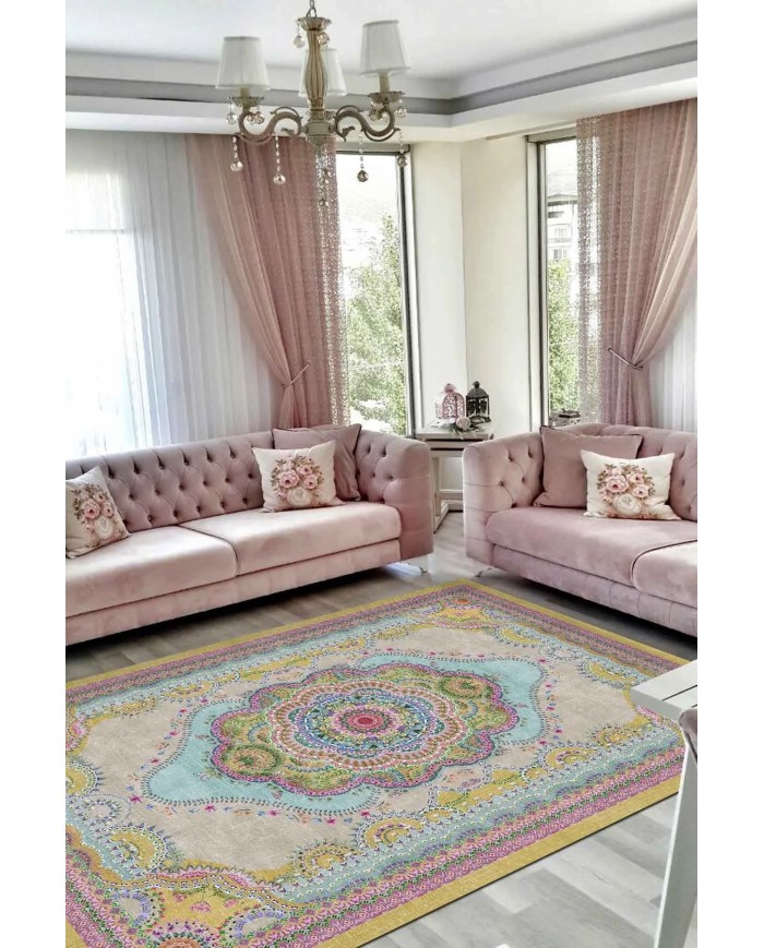 Jefes Desenli Pamuk Tabanlı Yıkanabilen Kaymaz Antibakteriyel Şönil Salon Halısı