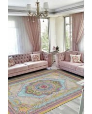 Jefes Desenli Pamuk Tabanlı Yıkanabilen Kaymaz Antibakteriyel Şönil Salon Halısı