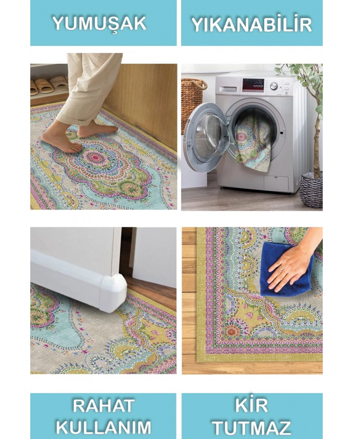 Jefes Desenli Pamuk Tabanlı Yıkanabilen Kaymaz Antibakteriyel Şönil Salon Halısı