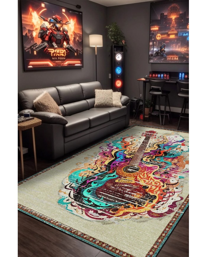 Guitar Şönil Gamer Halısı Pamuk Tabanlı Yıkanabilen Kaymaz Genç Odası Oyuncu Gaming Halısı