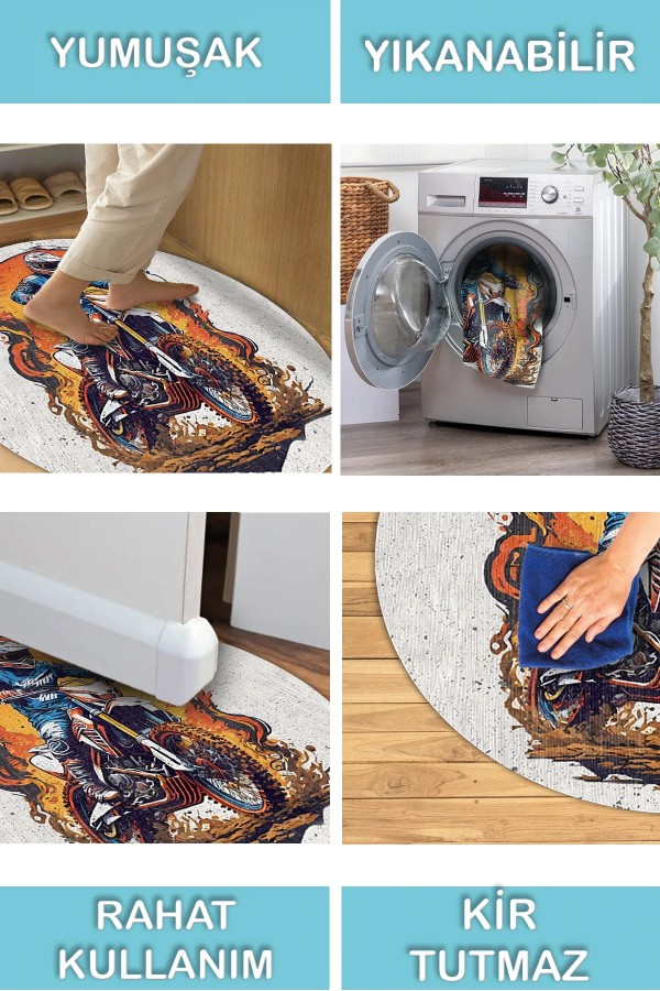 Helmet Pamuk Tabanlı Yıkanabilen Kaymaz Antibakteriyel Şönil Yuvarlak Halı