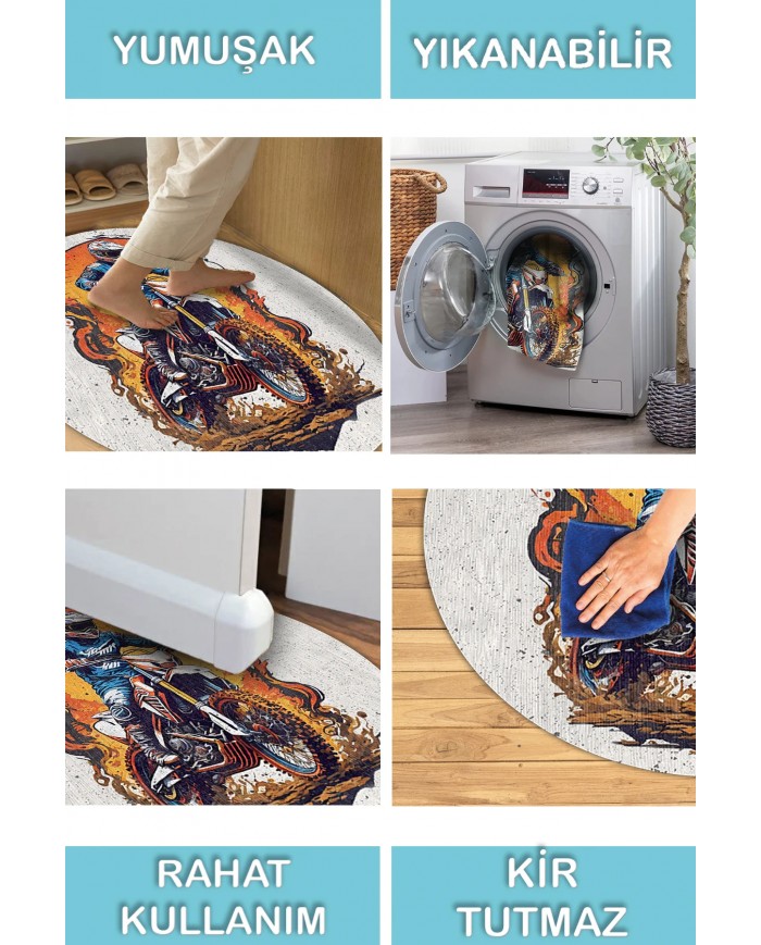 Helmet Pamuk Tabanlı Yıkanabilen Kaymaz Antibakteriyel Şönil Yuvarlak Halı