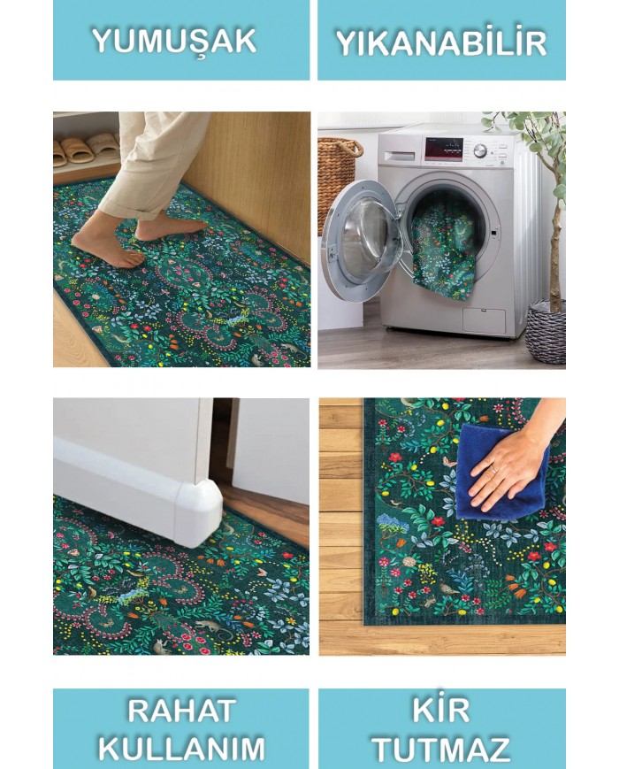 Lamar  Desenli Pamuk Tabanlı Yıkanabilen Kaymaz Antibakteriyel Şönil Salon Halısı