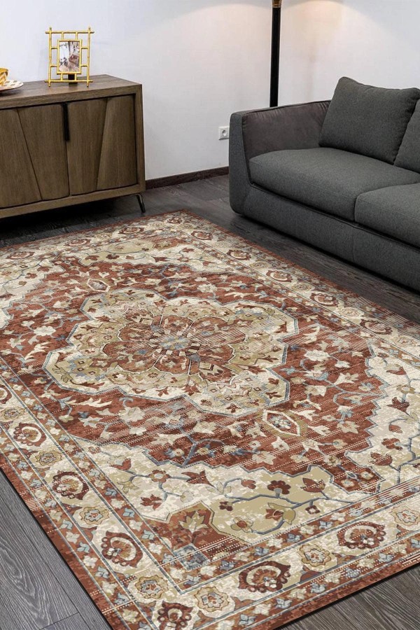 Lande Desenli Pamuk Tabanlı Yıkanabilen Kaymaz Antibakteriyel Şönil Salon Halısı