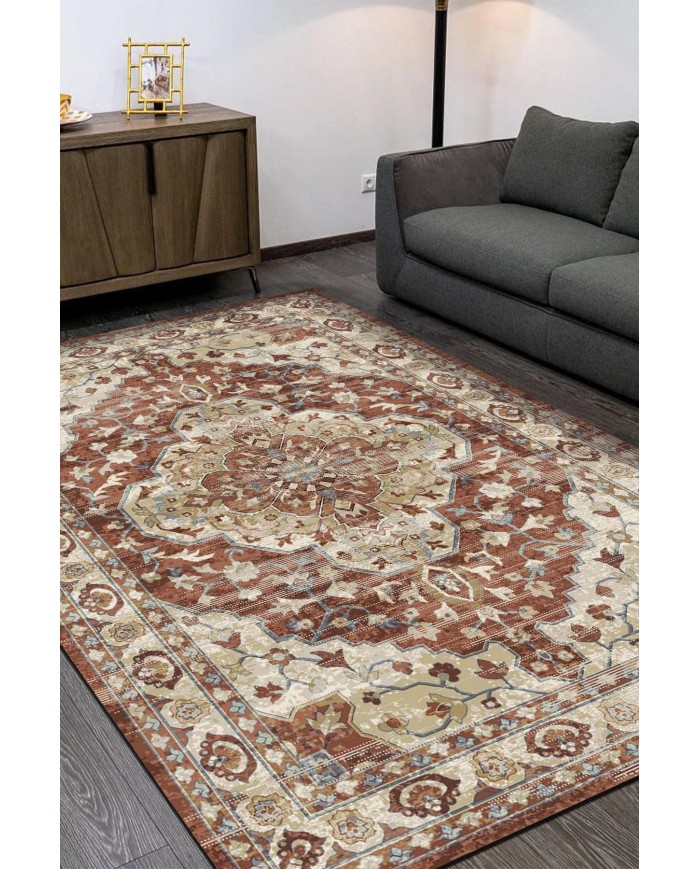 Lande Desenli Pamuk Tabanlı Yıkanabilen Kaymaz Antibakteriyel Şönil Salon Halısı