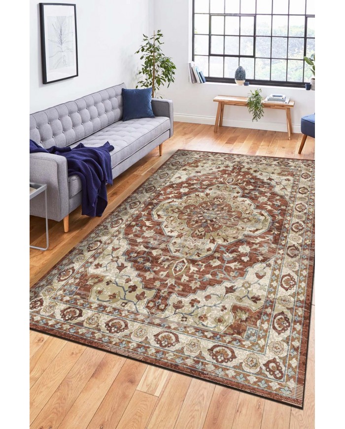 Lande Desenli Pamuk Tabanlı Yıkanabilen Kaymaz Antibakteriyel Şönil Salon Halısı