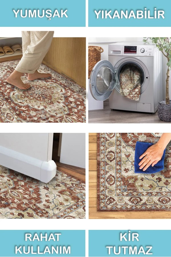 Lande Desenli Pamuk Tabanlı Yıkanabilen Kaymaz Antibakteriyel Şönil Salon Halısı