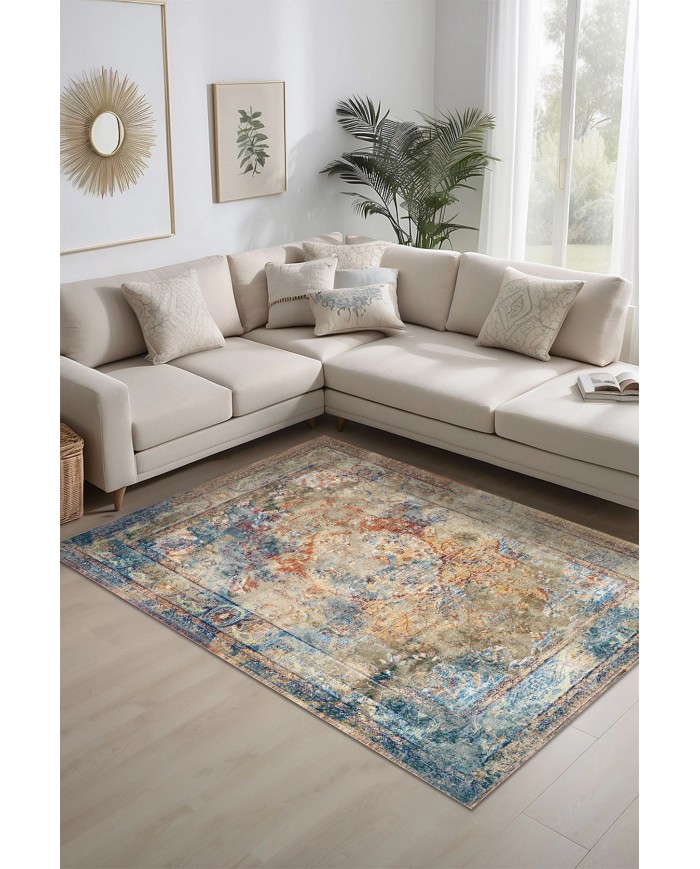 Landon Desenli Pamuk Tabanlı Yıkanabilen Kaymaz Antibakteriyel Şönil Salon Halısı