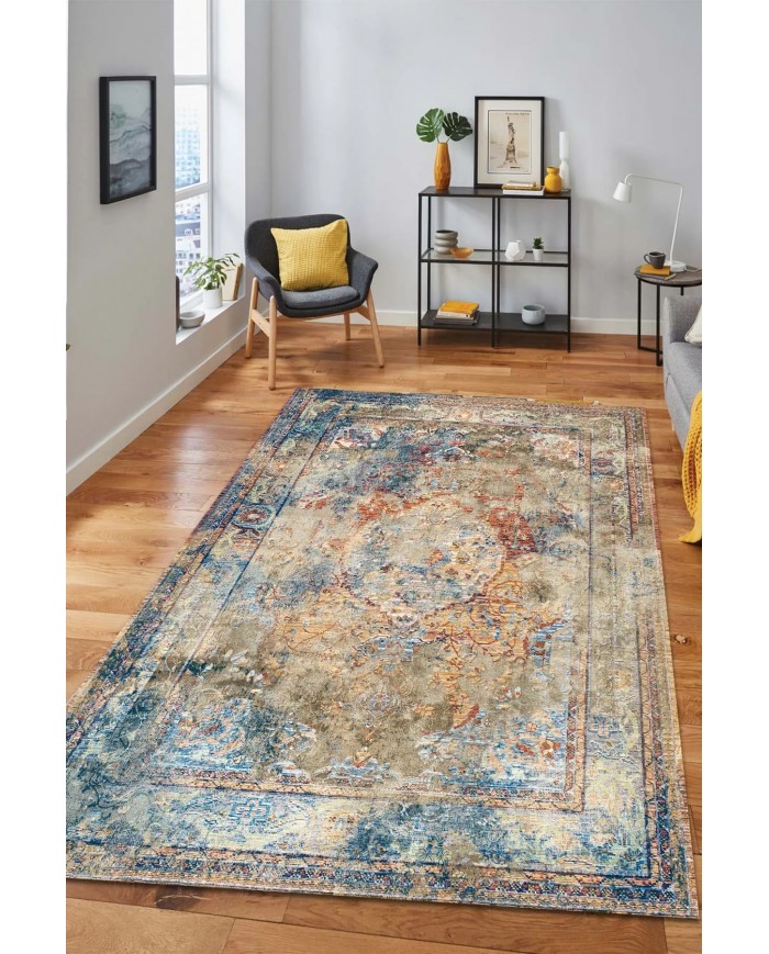 Landon Desenli Pamuk Tabanlı Yıkanabilen Kaymaz Antibakteriyel Şönil Salon Halısı