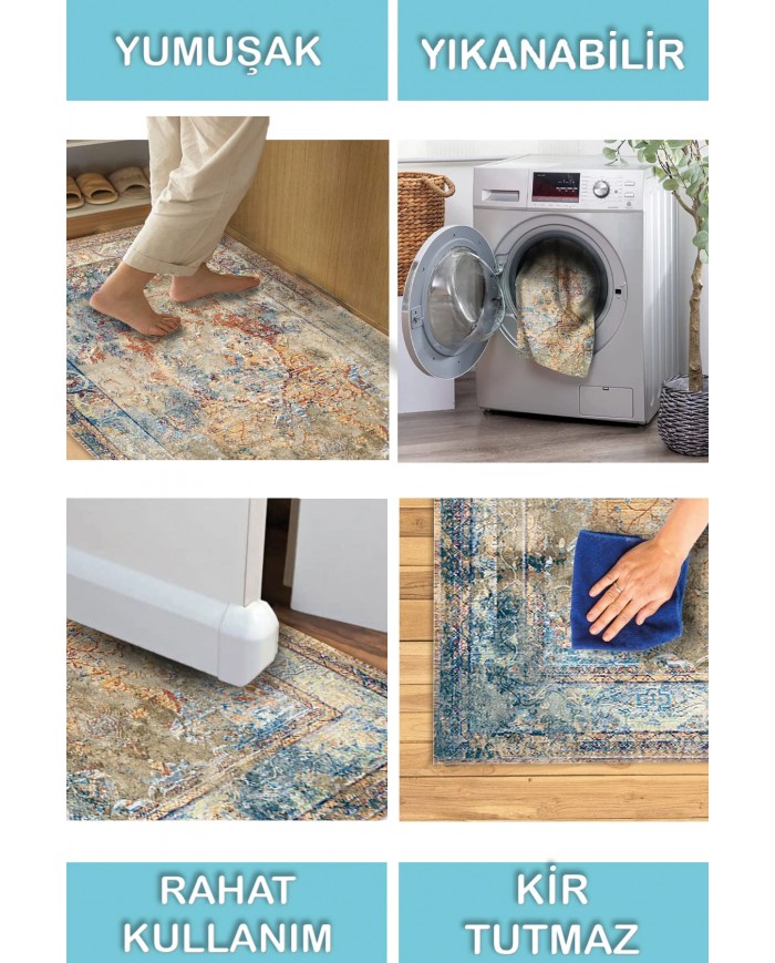 Landon Desenli Pamuk Tabanlı Yıkanabilen Kaymaz Antibakteriyel Şönil Salon Halısı