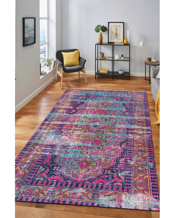 Lane Desenli Pamuk Tabanlı Yıkanabilen Kaymaz Antibakteriyel Şönil Salon Halısı