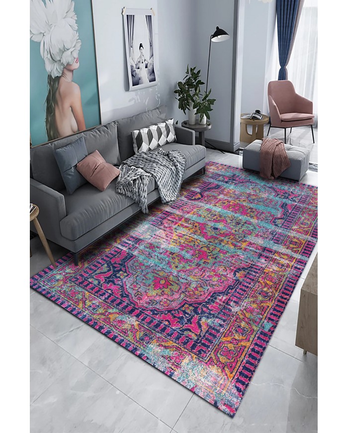 Lane Desenli Pamuk Tabanlı Yıkanabilen Kaymaz Antibakteriyel Şönil Salon Halısı