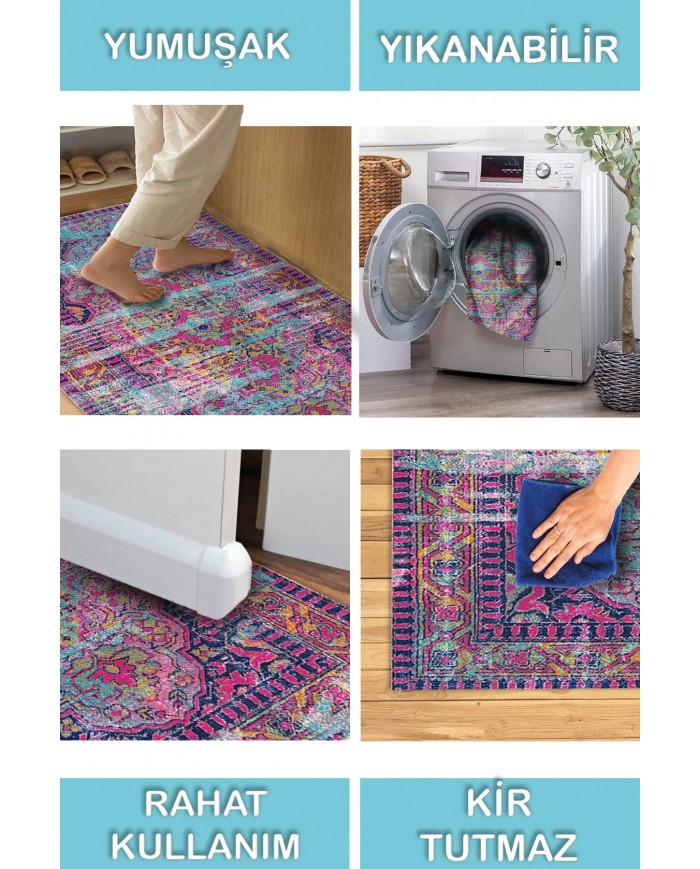 Lane Desenli Pamuk Tabanlı Yıkanabilen Kaymaz Antibakteriyel Şönil Salon Halısı
