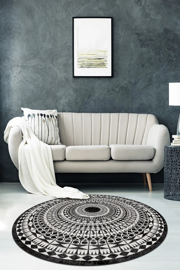 Larka Pamuk Tabanlı Yıkanabilen Kaymaz Antibakteriyel Şönil Yuvarlak Halı