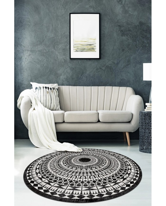 Larka Pamuk Tabanlı Yıkanabilen Kaymaz Antibakteriyel Şönil Yuvarlak Halı