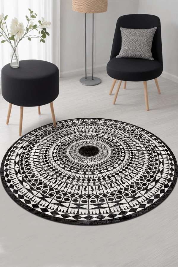 Larka Pamuk Tabanlı Yıkanabilen Kaymaz Antibakteriyel Şönil Yuvarlak Halı