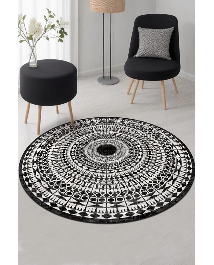 Larka Pamuk Tabanlı Yıkanabilen Kaymaz Antibakteriyel Şönil Yuvarlak Halı