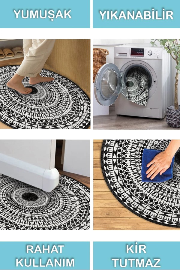 Larka Pamuk Tabanlı Yıkanabilen Kaymaz Antibakteriyel Şönil Yuvarlak Halı