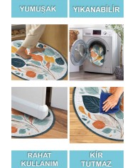 Leaf Pamuk Tabanlı Yıkanabilen Kaymaz Antibakteriyel Şönil Yuvarlak Halı