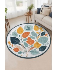 Leaf Pamuk Tabanlı Yıkanabilen Kaymaz Antibakteriyel Şönil Yuvarlak Halı