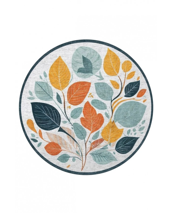 Leaf Pamuk Tabanlı Yıkanabilen Kaymaz Antibakteriyel Şönil Yuvarlak Halı