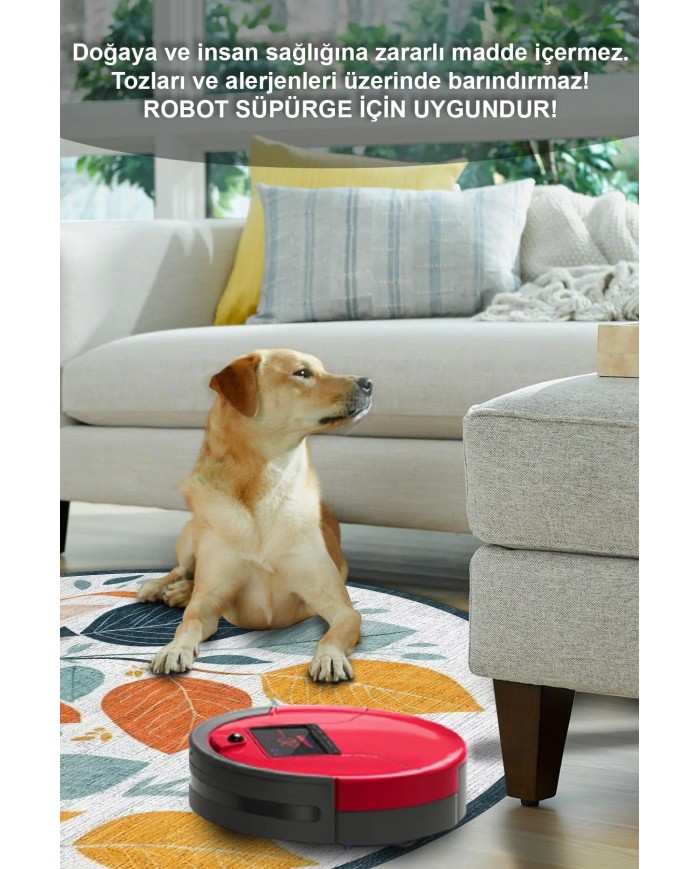 Leaf Pamuk Tabanlı Yıkanabilen Kaymaz Antibakteriyel Şönil Yuvarlak Halı