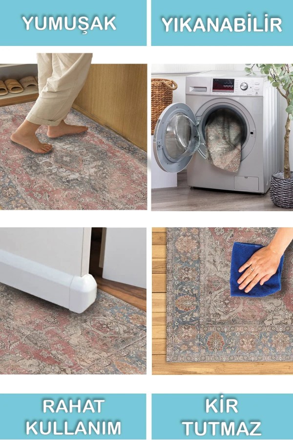 Lera Desenli Pamuk Tabanlı Yıkanabilen Kaymaz Antibakteriyel Şönil Salon Halısı