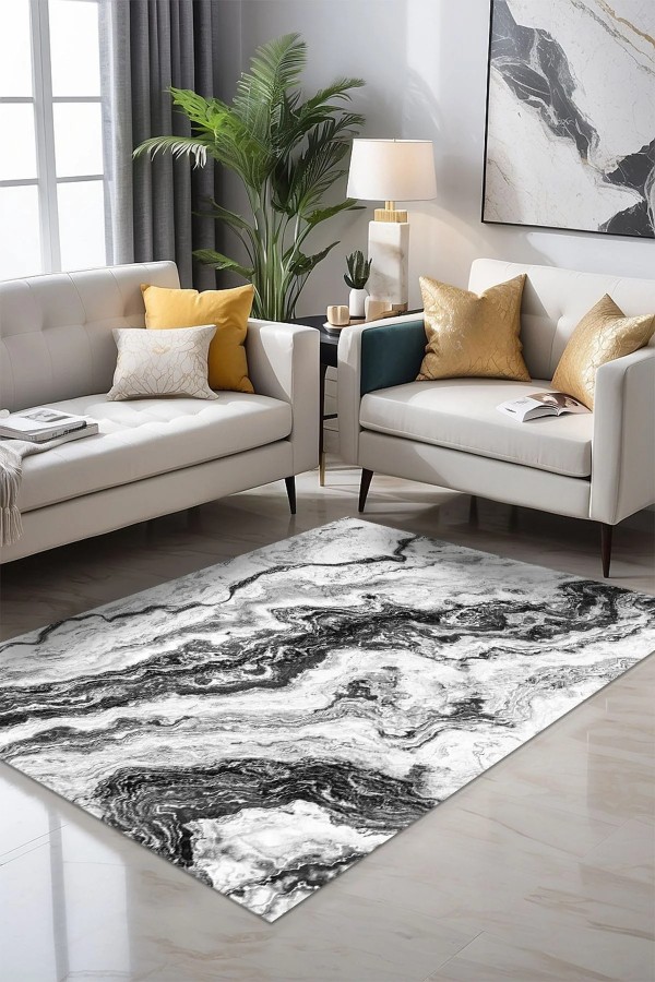 Lidan Desenli Pamuk Tabanlı Yıkanabilen Kaymaz Antibakteriyel Şönil Salon Halısı