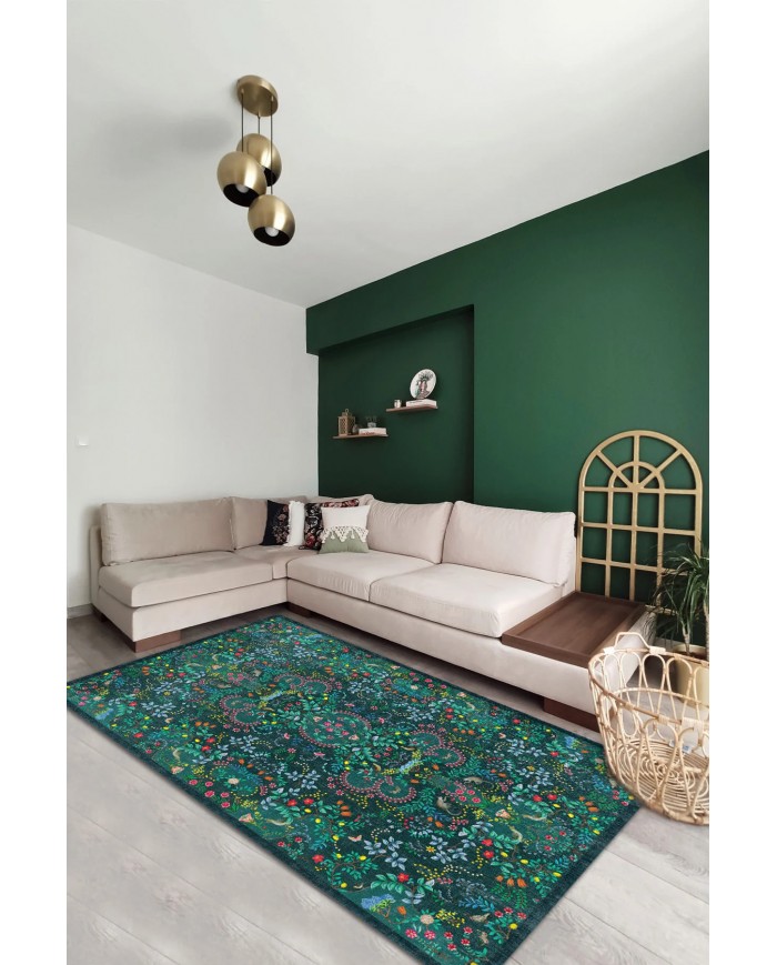 Lamar  Desenli Pamuk Tabanlı Yıkanabilen Kaymaz Antibakteriyel Şönil Salon Halısı