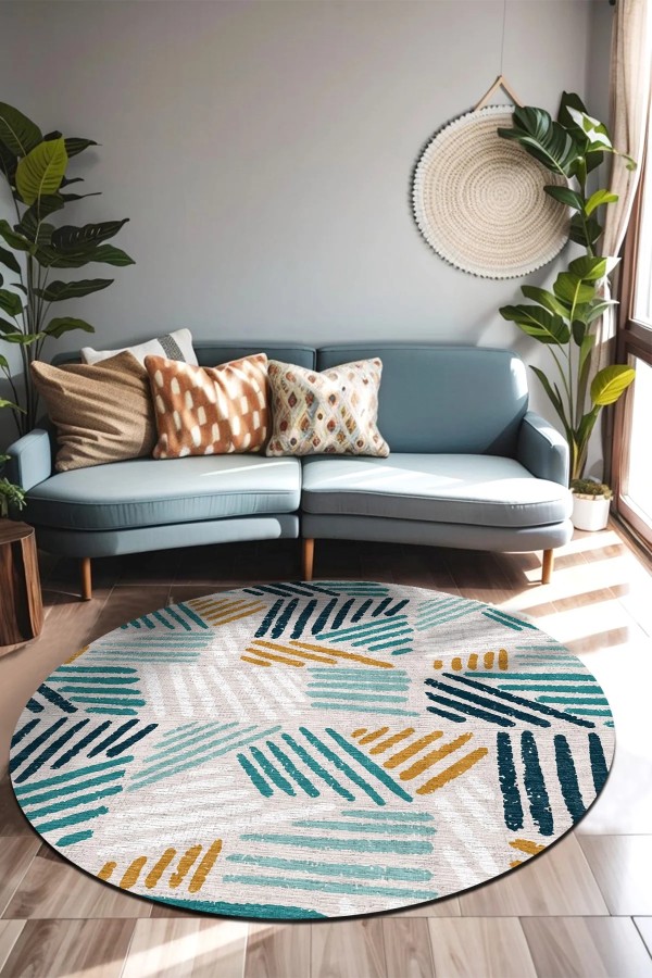 Line Pamuk Tabanlı Yıkanabilen Kaymaz Antibakteriyel Şönil Yuvarlak Halı