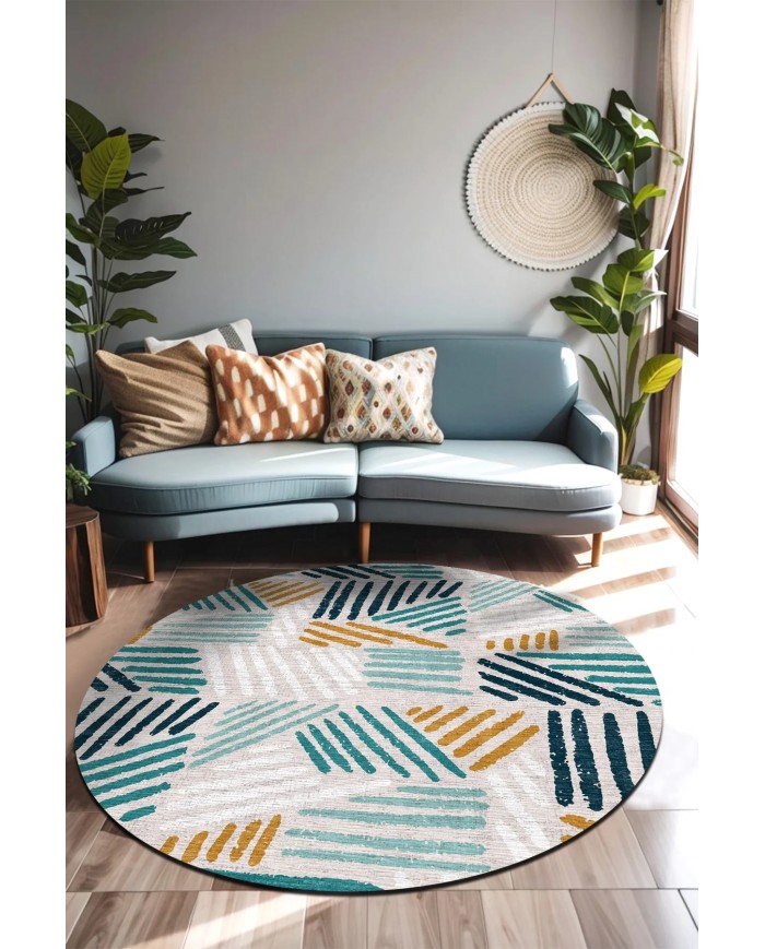 Line Pamuk Tabanlı Yıkanabilen Kaymaz Antibakteriyel Şönil Yuvarlak Halı