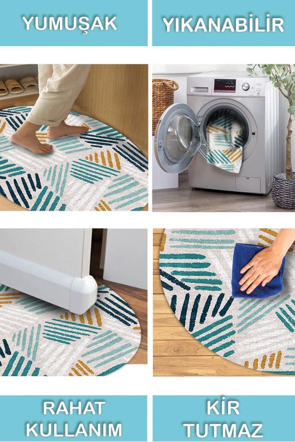 Line Pamuk Tabanlı Yıkanabilen Kaymaz Antibakteriyel Şönil Yuvarlak Halı