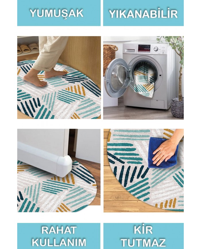 Line Pamuk Tabanlı Yıkanabilen Kaymaz Antibakteriyel Şönil Yuvarlak Halı