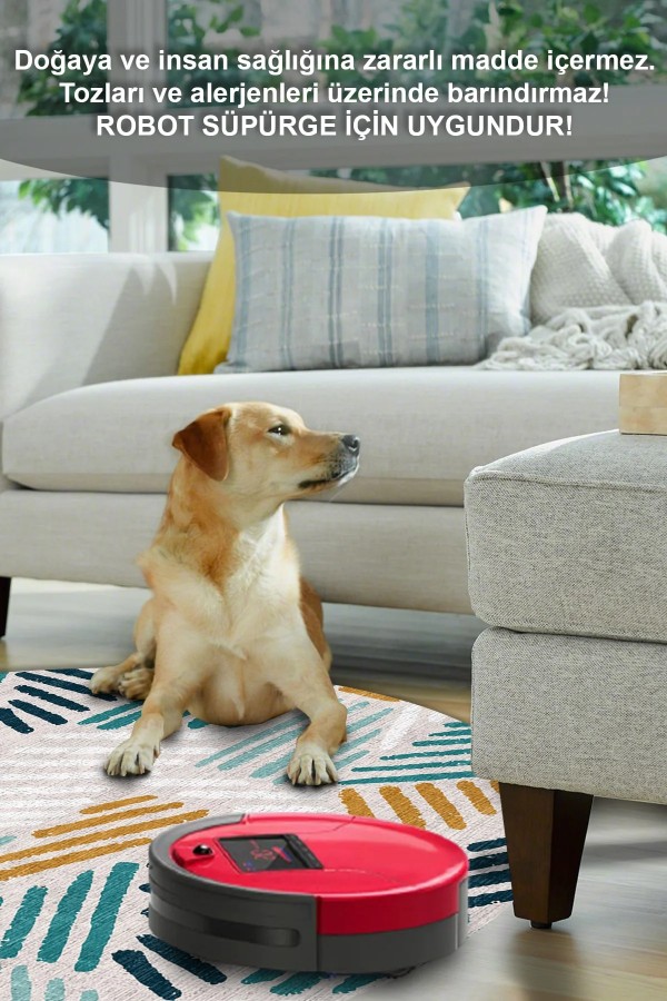 Line Pamuk Tabanlı Yıkanabilen Kaymaz Antibakteriyel Şönil Yuvarlak Halı