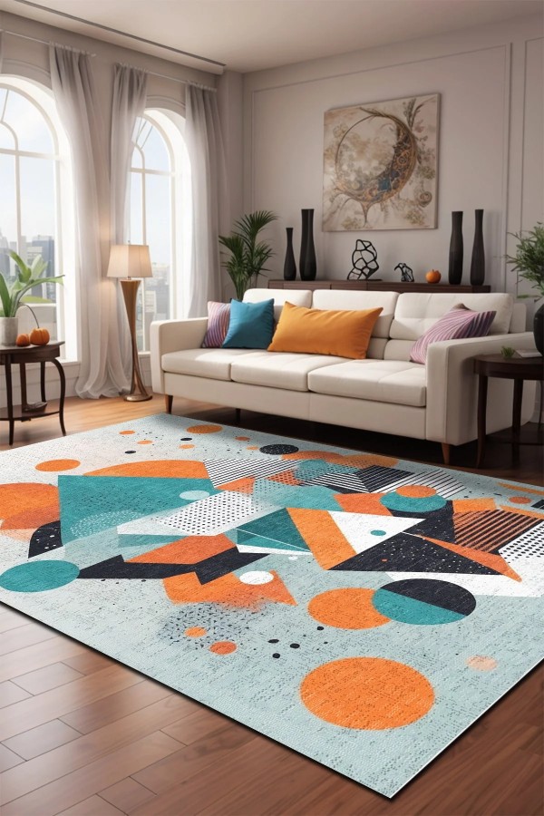 Lotus Desenli Pamuk Tabanlı Yıkanabilen Kaymaz Antibakteriyel Şönil Salon Halısı