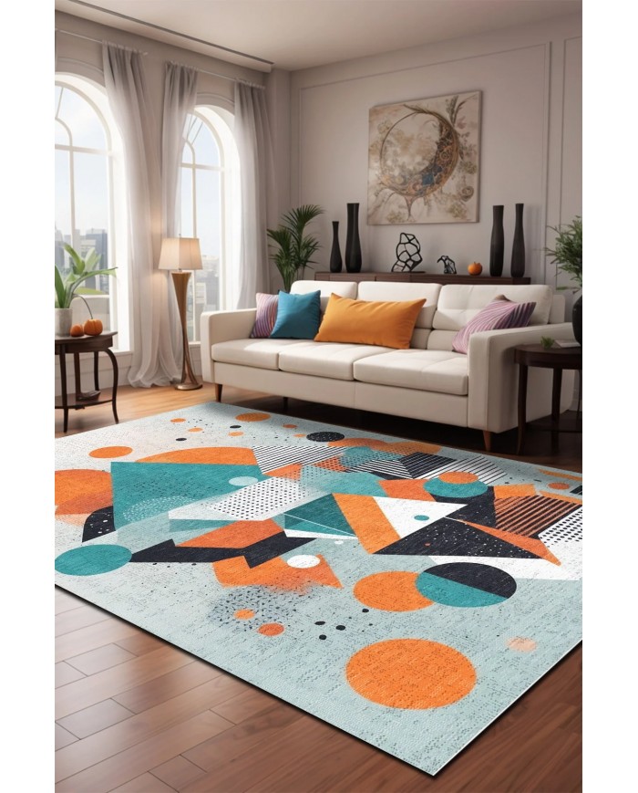 Lotus Desenli Pamuk Tabanlı Yıkanabilen Kaymaz Antibakteriyel Şönil Salon Halısı