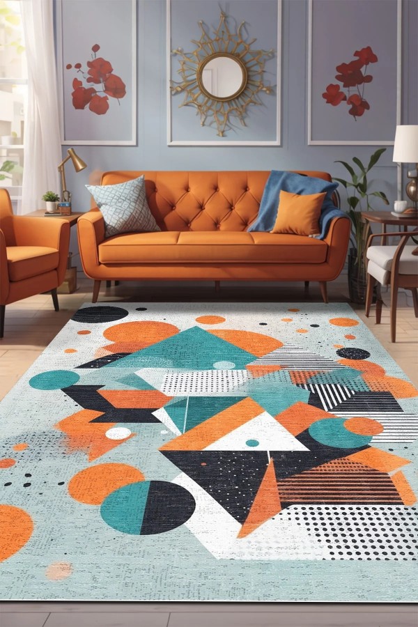 Lotus Desenli Pamuk Tabanlı Yıkanabilen Kaymaz Antibakteriyel Şönil Salon Halısı