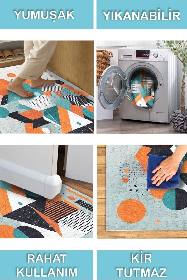 Lotus Desenli Pamuk Tabanlı Yıkanabilen Kaymaz Antibakteriyel Şönil Salon Halısı