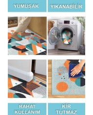 Lotus Desenli Pamuk Tabanlı Yıkanabilen Kaymaz Antibakteriyel Şönil Salon Halısı