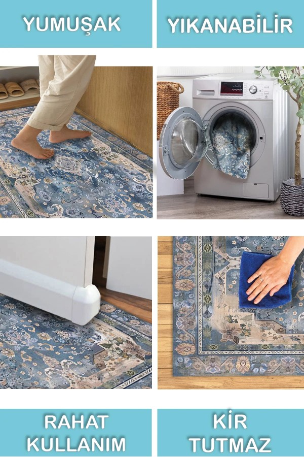 Madala Desenli Pamuk Tabanlı Yıkanabilen Kaymaz Antibakteriyel Şönil Salon Halısı